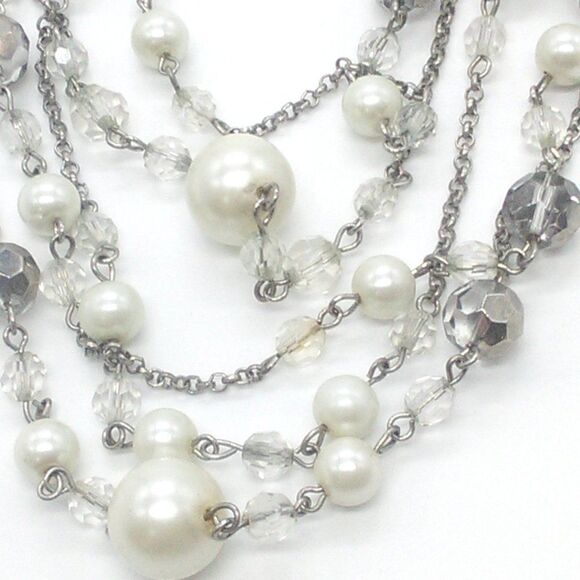 Faux Pearl & Beaded Necklace Multilayer 9-13" Silver Tone Chain - Picture 4 of 8